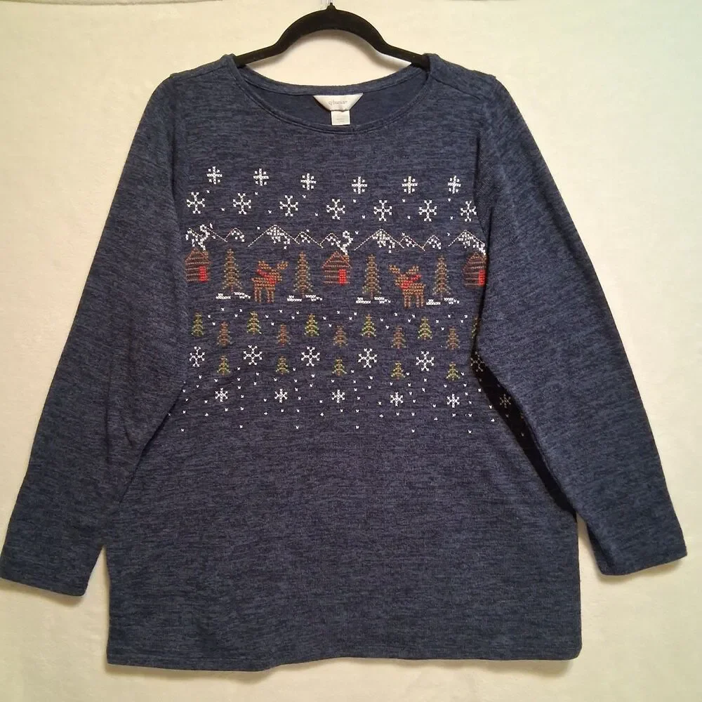CJ Banks 1X Sweater Blue Lightweight Holiday Crosstitch Reindeer Snowflake